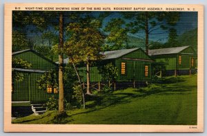 Ridgecrest North Carolina~Night Time Scene Showing Bird Huts~Vtg Linen Postcard