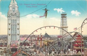 Coney Island Postcard General Scene Dreamland 110 Woman Hangs from Teeth on Wire