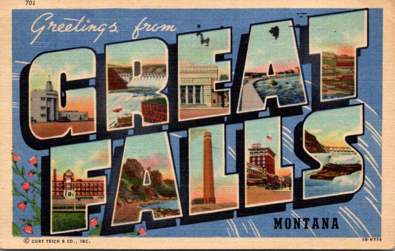 Greetings From Great Falls Montana Large Letter Linen 1953 Curteich