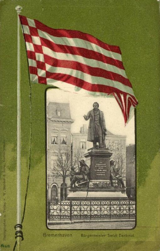 germany, BREMERHAVEN, Mayor Smidt Monument, Flag Postcard (1907) Stamp