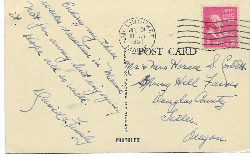 US Maine Fishing Stream Used Card mailed in 1953 Stamp #806