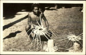 Hawaii HI Native Man Making Cocoanut Hats Real Photo Postcard xst