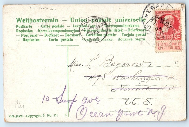 1906 Woman Knitting Man With Flower Behind Back Belgium Newark NJ Postcard