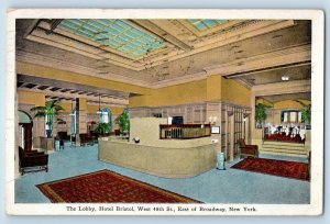 1928 The Lobby Interior Hotel Bristol & Restaurant Broadway New York NY Postcard