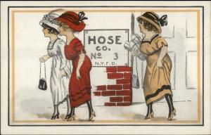 Pretty Ladies Hiking Skirts in Front of Fire Station Hose Co #3 c1910 Postcard
