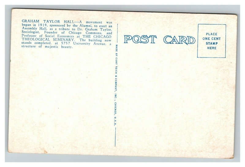 Vintage 1930's Postcard Graham Taylor Hall Chicago Theological Seminary Illinois