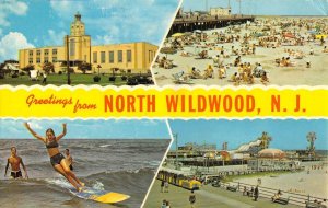 Jersey Shore NORTH WILDWOOD, NJ Girl Surfing Amusement Pier Beach 1976 Postcard