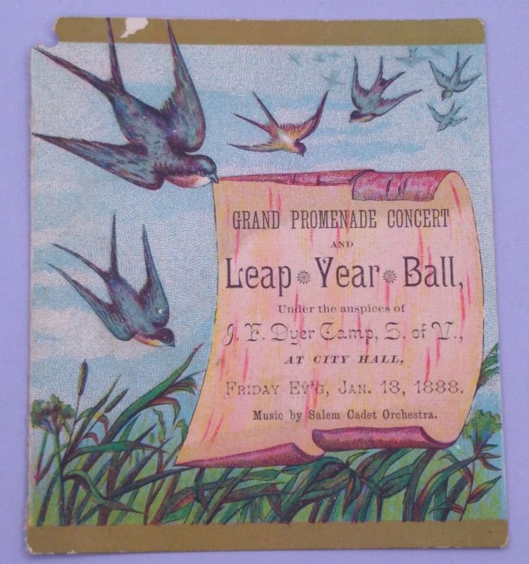 1888 Salem Cadet Orchestra Concert Leap Year Ball Dyer Camp Ticket Card