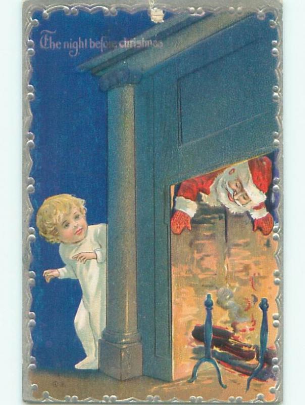 Pre-Linen christmas CHILD SEES SANTA CLAUS COMING DOWN THE CHIMNEY W7216