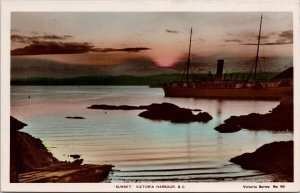 Victoria BC Sunset Harbour Ship Victoria Series #96 Unused RPPC Postcard H27