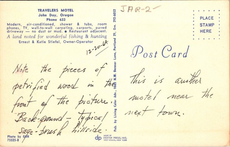 John Day Oregon OR Travelers Motel Postcard VTG UNP WOB Note Vintage 