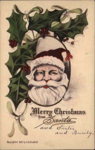 Christmas Santa Claus Holly Mistletoe Border c1910 Vintage Postcard
