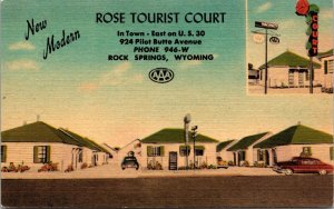 Linen Postcard Rose Tourist Court in Rock Springs, Wyoming~136549