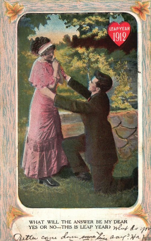 Vintage Postcard 1912 Leap Year 1912 Lovers Couple Kneeling Proposal Romance