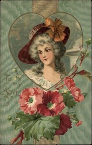 Valentine Art Nouveau Victorian Woman Flowers c1910 Vintage Postcard