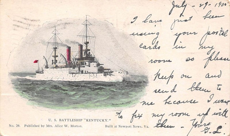 Newport News Virginia U.S. Battleship Kentucky, Undivided Back Postcard U8572