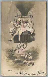 GIRLS IN HOT AIR BALLOON NEW YEAR CHRISTMAS ANTIQUE REAL PHOTO POSTCARD RPPC