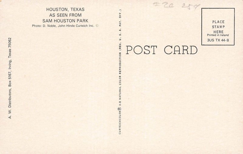 Postcard Houston, Texas As Seen From Sam Houston Park Chrome Unposted 1939-1970s 