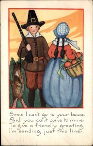 Whitney Thanksgiving Little Boy Pilgrim with Gun Dead Turkeys Vintage Postcard