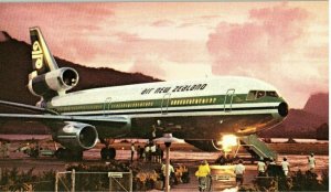 Air New Zealand DC 10 30 Airline Issued Airplane Postcard on Tarmac at Sunset