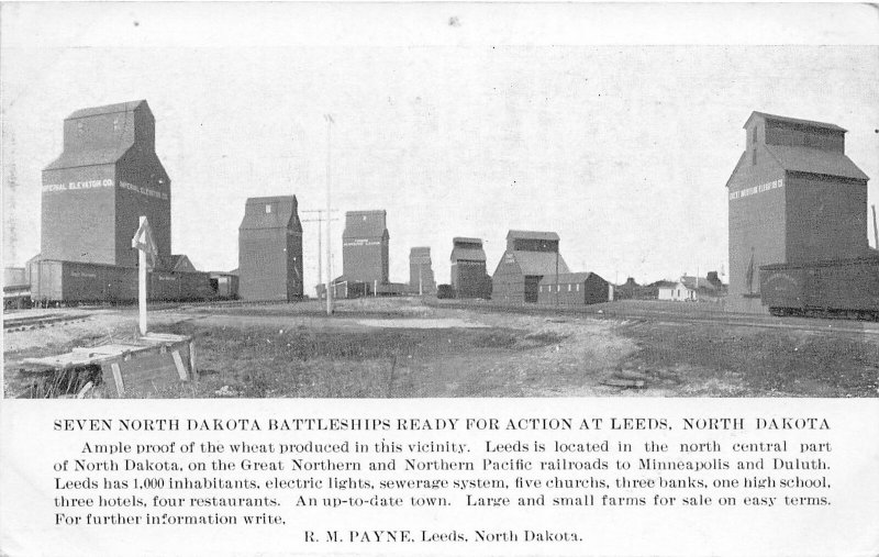 F82/ Leeds North Dakota Postcard 1912 Seven Battleships Elevators Payne