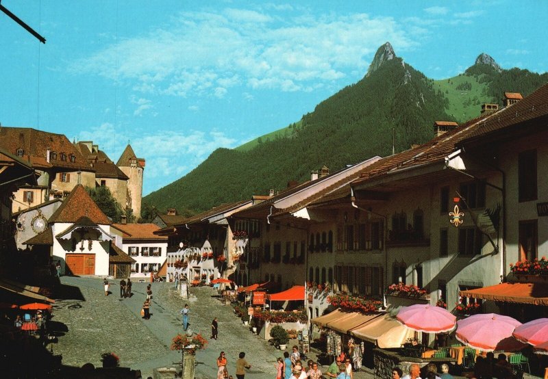 Postcard Busy Street Shopping District Medieval Town Gruyeres Switzerland