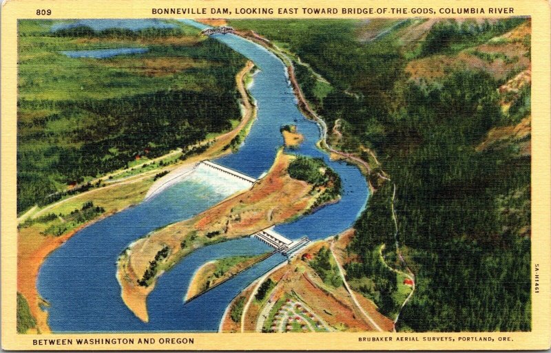 Bonnevivvle Dam Looking East Toward Bridge Gods Columbia River Oregon Postcard 