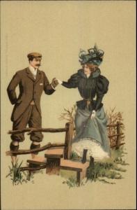 Handsome Gentleman Helps  Beautiful Woman Step Over Fence c1900 German