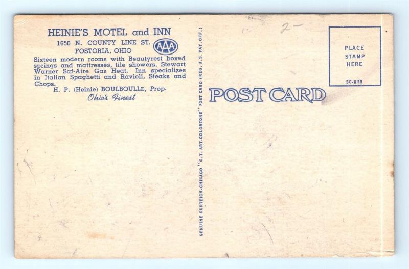 Postcard OH Fostoria Heinie's Motel & Inn Interior View Vintage Linen I11