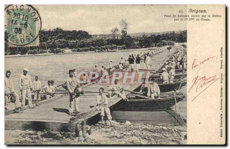 Old Postcard Army boats Avignon Bridge on the Rhone established by the 7th Re...