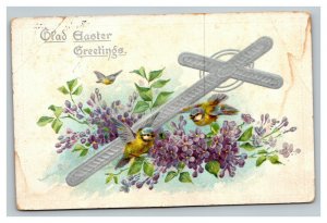 Vintage 1910's Tucks Easter Postcard Silver Cross Purple Flowers Yellow Birds