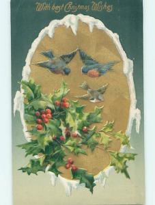 Pre-Linen christmas BIRDS FLYING ABOVE HOLLY BRANCHES hr2796