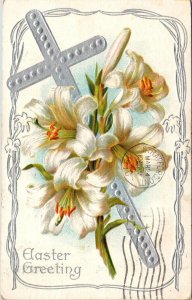 VINTAGE POSTCARD EASTER GREETINGS SILVER CROSS & WHITE [PANSIES] MAILED 1918