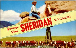 Greetings from Sheridan WY Banner Multi View Cowboy, Cattle Vintage Postcard N33