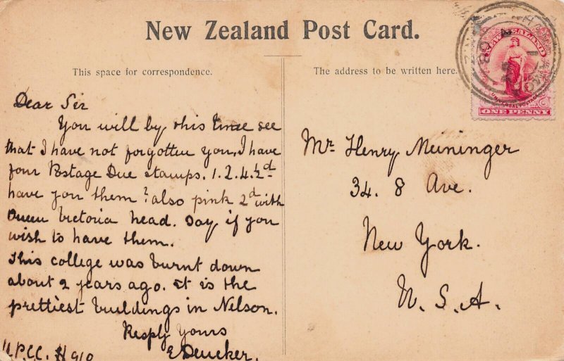 The Boy's College, Nelson, New Zealand, Early Postcard, Used in 1908