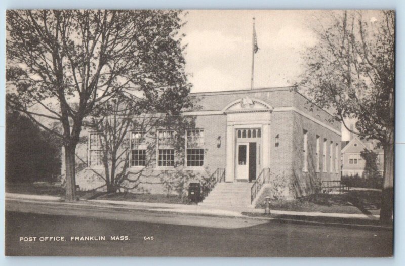 Franklin Massachusetts MA Postcard Post Office Building Exterior View Trees 1940