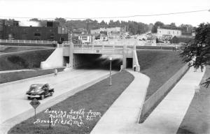 Brookfield Missouri~North Main Street~South Under Bridge~Cafe~Mobilgas~1950 RPPC