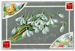 1910 Easter Greeting Chick Rabbit Flowers Winsch Back Baltimore MD Postcard 