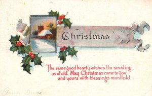 1911 Merry Christmas Greeting Card Good Hearty Wishes Blessings Vintage Postcard