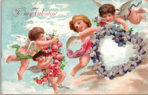 VINTAGE POSTCARD TO MY VALENTINE EMBOSSED PRINTED IN GERMANY E.B.C CUPIDS c.1910