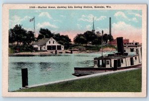 c1920's Harbor Scene Showing Life Saving Station Kenosha Wisconsin WI Postcard