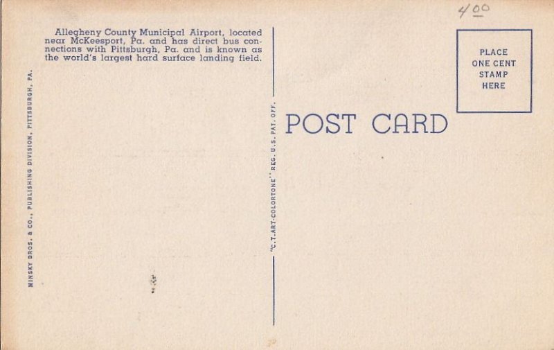 Postcard Allegheny County Municipal Airport McKeesport + Pittsburgh PA