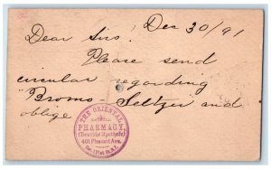 1891 Send Circular The Oriental Pharmacy NY City NY Baltimore MD Postal Card