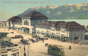 Switzerland Lausanne railway station Alps range chocolate Leman Geneve tram 1912 