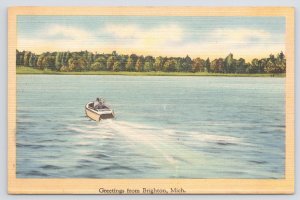 Brighton Michigan~Speed Boat on Lake~Linen Postcard