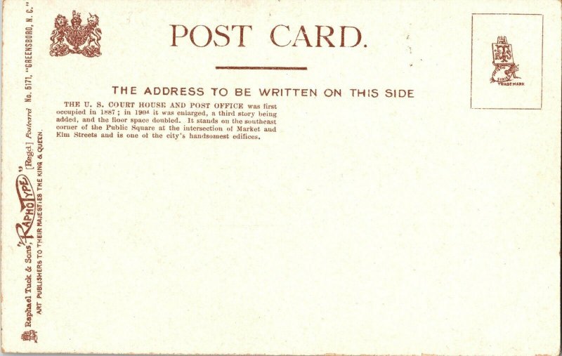 Tucks 5171 Greensboro NC Court House Post Office Undivided Back Vtg Postcard J68