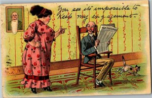 Comic, Man Reading Newspaper Impossible to Keep My Engagement c1912 Postcard D45