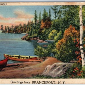 1934 Branchport, N.Y. Greetings from Along the Shore Canoe Boat Autumn Lake A225