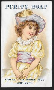 VICTORIAN TRADE CARD Purity Soap Pretty Girl in Yellow Dress & Hatting