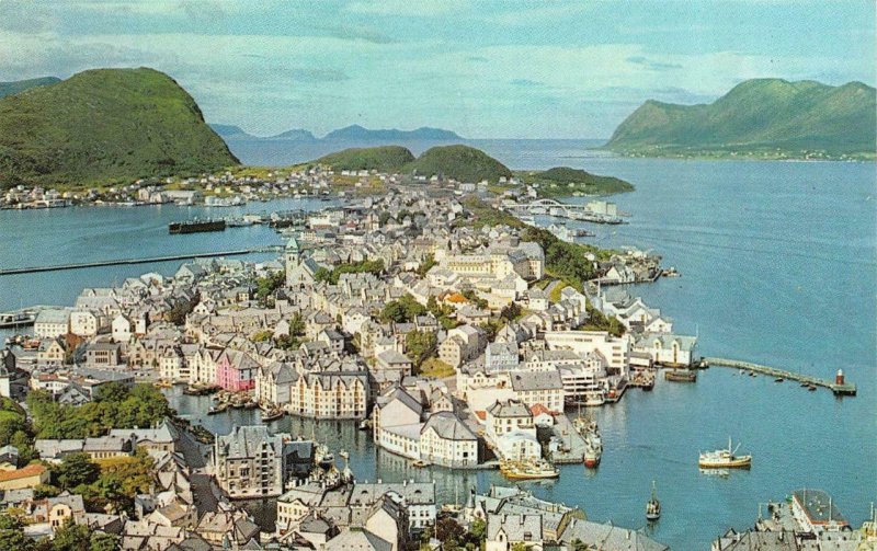 ALESUND, Norway   FISHING VILLAGE  City Bird's Eye View  VINTAGE Chrome Postcard